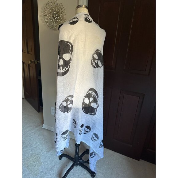 2 Long lightweight spooky skull theme shawls scarves White w/black and Red w/bei - Picture 4 of 7